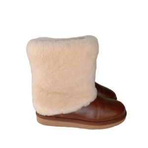 UGG Patten Shearling Cuff Fold Over Chestnut Brown Leather Mid Calf Boots US 9